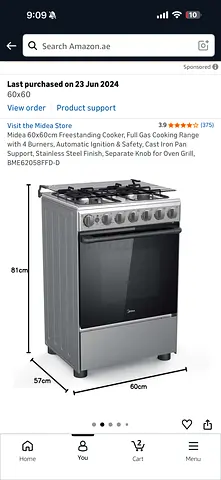 Midea 60cm Freestanding Gas Cooker with Oven - 4 Burners, Stainless Finish