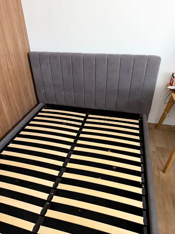 JYSK BRAND, Grey upholstered bed frame with slatted base and padded headboard