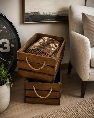 Pair of Wooden Storage Crates with Rope Handles from Marina Home