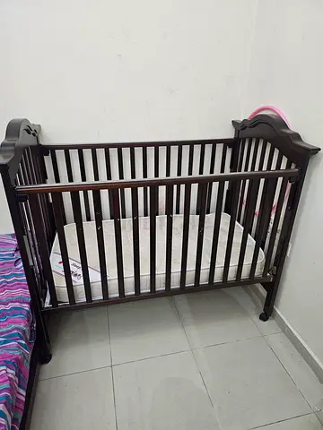Wooden Baby Crib with Mattress - Dark Brown