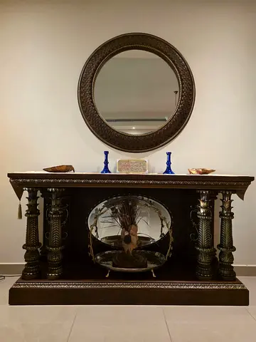Solid Carved Wooden Console Table with Round Wall Mirror - Dark Finish
