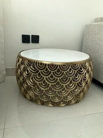 Round Gold Metal Coffee Table with White Marble Top