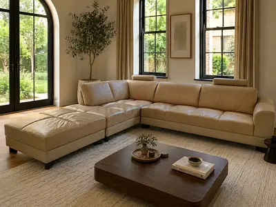 Beige Leather L-Shaped Corner Sofa with Ottoman, Excellent Condition