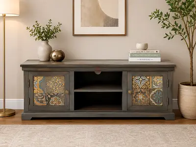 Tv table real wood with decorative ceramic tiles