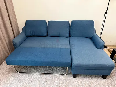 Blue L-shaped Sofa Bed with Chaise - Good Condition