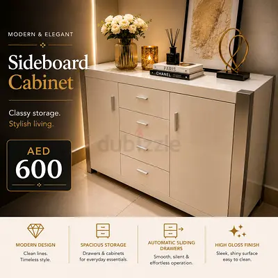 Modern Glossy Sideboard Cabinet - White High Shine, 4 Drawers + 2 Doors