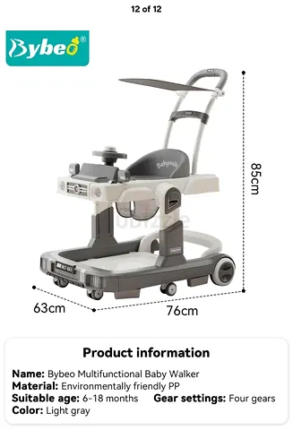Bybeo Multifunctional Baby Walker – 4-Gear, Light Gray (6–18 months)