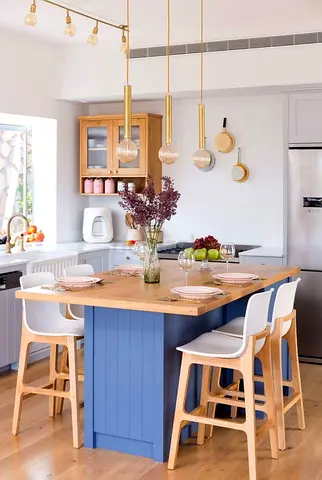 Wooden Kitchen Island with Seating — Light Oak Top and Blue Base