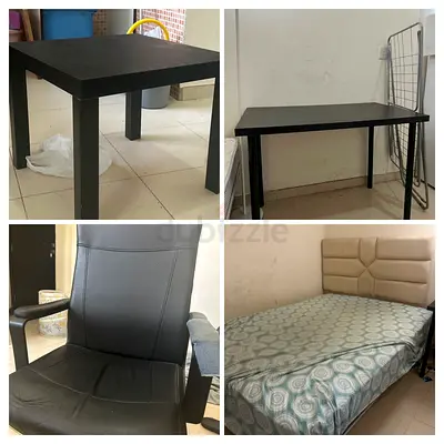 Mixed furniture set — table, tea poy , office chair and king size bed and mattress