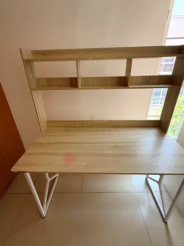 Light Wood Office Desk with Built-in Shelves (Good Condition)