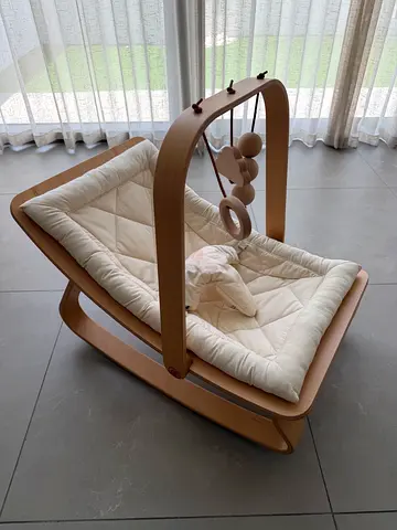 Wooden baby rocker/bassinet with mobile - gently used