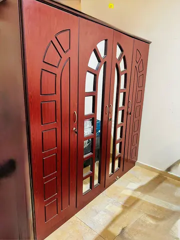 Wooden 4-Door Wardrobe with Mirrors - Good Condition