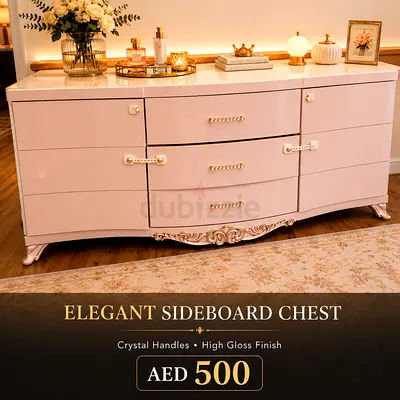 Elegant High-Gloss Sideboard Chest with Crystal Handles - AED 500