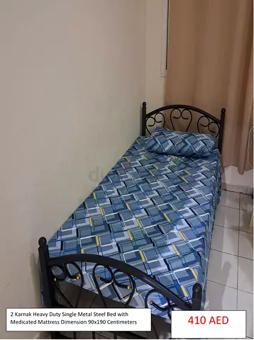 2 Karnak Heavy Duty Single Metal Steel Bed with Medicated Mattress Dimension 90x190 Centimeters