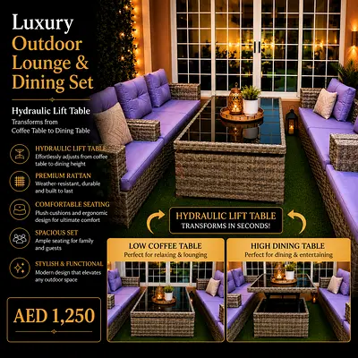 Luxury Outdoor Rattan Lounge  Hydraulic Lift Dining Set - Seats 8