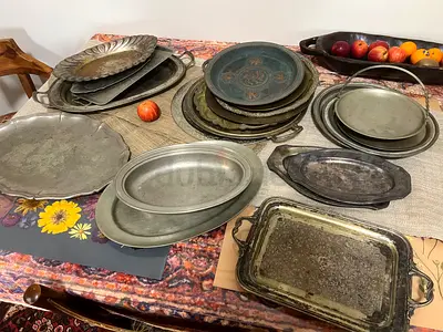 antique metal trays, dishes