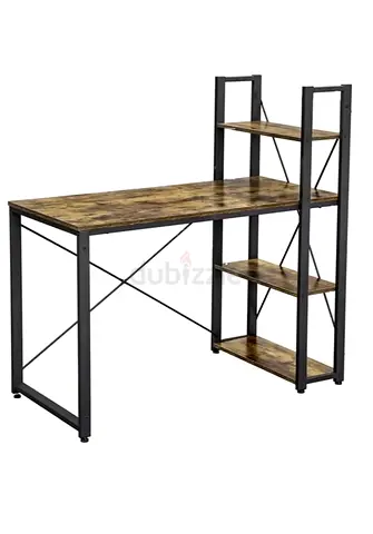 Wooden Computer Desk with Built-in Shelves and Metal Frame