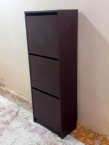 Tall dark brown storage cabinet with three doors — good used condition