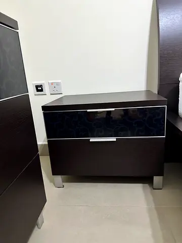 Dark Wood Nightstand / Bedside Table with Patterned Drawer