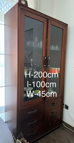 Solid Wood Display Cabinet with Glass Doors and 6 Drawers with inside  light