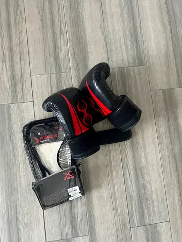 Pair of Black  Red Boxing Gloves with Wrist Support (Used)