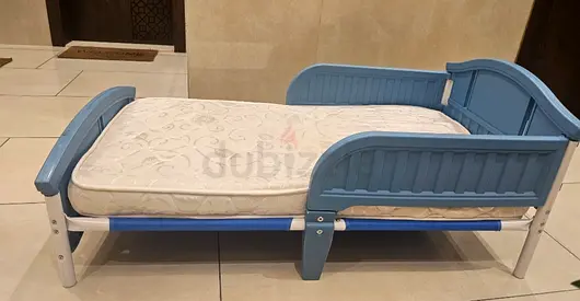 Toddler Bed with Mattress - Wooden Low Bed in Blue (Good Condition)