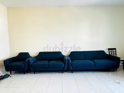 Blue 3-piece sofa set (1x armchair, 1x 2-seater, 1x 3-seater) - good condition