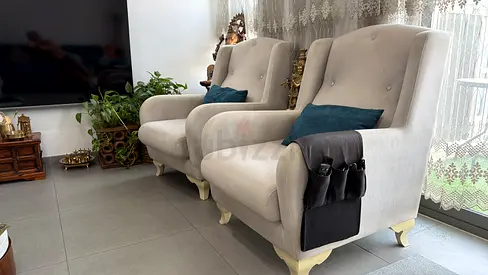 Pair of Light Grey Upholstered Accent Armchairs with Side Organizer