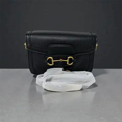 Black Leather Crossbody Bag with Gold Hardware