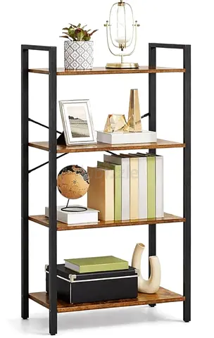 Metal Frame 4-Tier Wooden Shelf Unit - Industrial Bookshelf