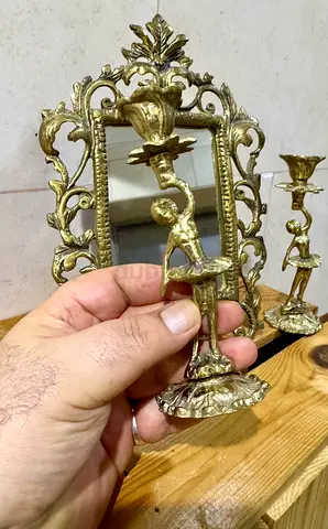 Antique-style Brass Candle Holders with Cherub Motif (Pair)