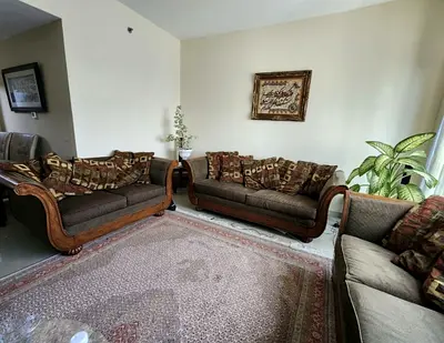 Urgent sales-3 piece wooden frame sofa set with cushions - good condition