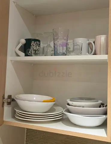 Free living room furniture, curtains and plates and cups