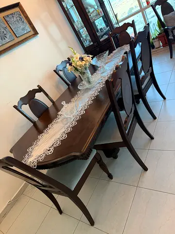 Solid Wood Dining Table with 6 Chairs - Dark Finish , expanded to 8 seater
