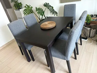 Dark Wood 5-Seater Dining Table with Grey Upholstered Chairs - Good Condition