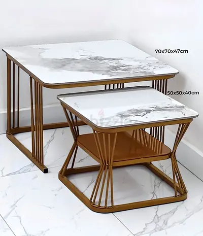 Set of 2 Marble-Top Nesting Side Tables with Gold Frame