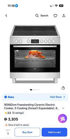 BEKO 90X60cm Freestanding Ceramic Electric Cooker, 5 Cooking Zones
