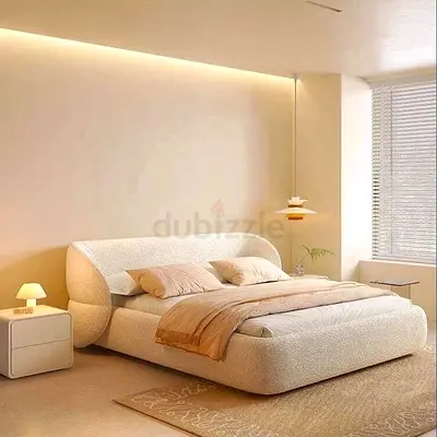 Wide curved wings beige boucle queen thick bed frame