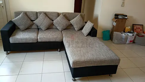 L-shaped 4-seater fabric  faux leather sofa with chaise