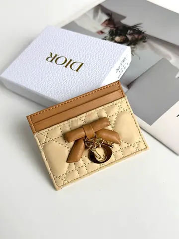 Dior Beige  Tan Quilted Card Holder with Bow Charm