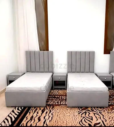 Brand New Pair of Single Beds with Headboards and Mattresses - Light Grey