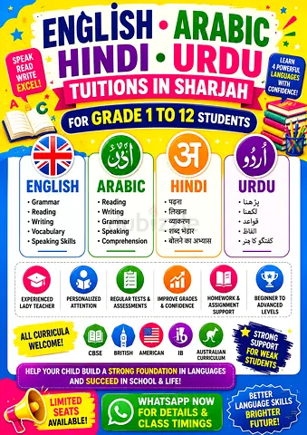 ENGLISH • ARABIC • HINDI • URDU TUITIONS IN SHARJAH FOR GRADE 1 TO 12 STUDENTS