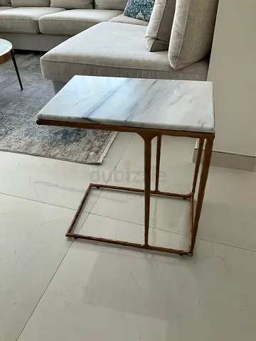 Marble-top C-shaped Side Table with Gold Frame