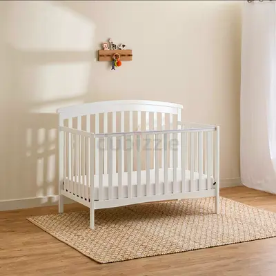 White Wooden Baby Crib - Convertible up to 6 years + Mattress