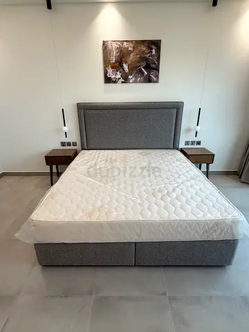 Queen size upholstered bed frame with mattress - light grey and 2 side tables