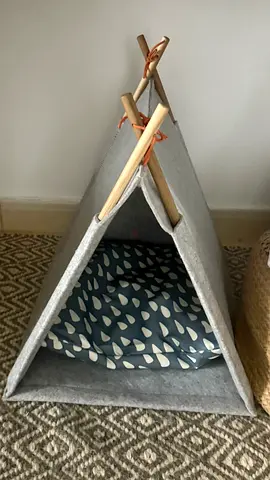 Small grey fabric pet teepee with cushion