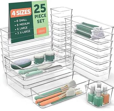 Clear Plastic 25-Piece Drawer Organiser Set – Various Sizes