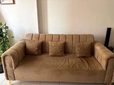 Beige 3+2 Velvet Sofa in Good Condition with 4 pillows with cover+matching center table( negotiable)