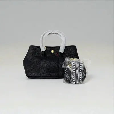 Black Pebbled Leather Top Handle Bag with Patterned Strap