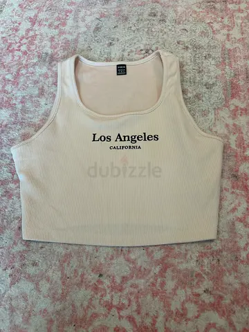 Cream ribbed crop tank top with Los Angeles California print - Size S